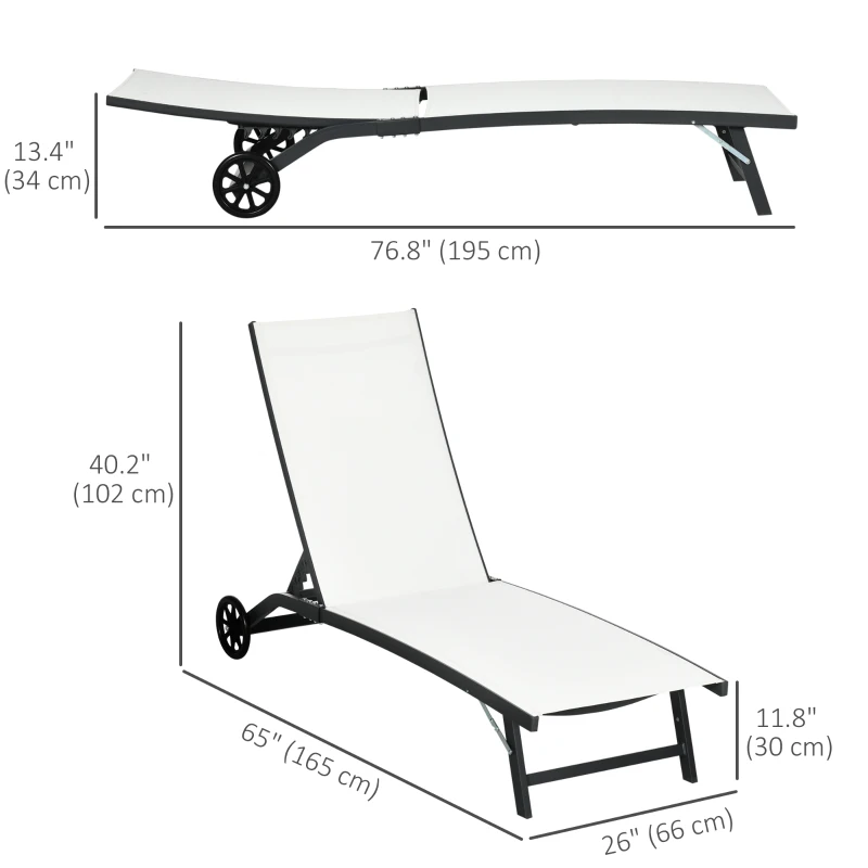 Outsunny Outdoor Lounge Chair Set of 2, Tanning Chair with Wheels, Breathable Mesh for Patio, Backyard, Poolside, Cream White