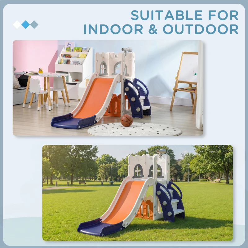 Qaba 5 in 1 Toddler Slide with Basketball Hoop, Climber, Telescope, Storage Basket, for 1-3 Years Kids Indoor Use, Orange