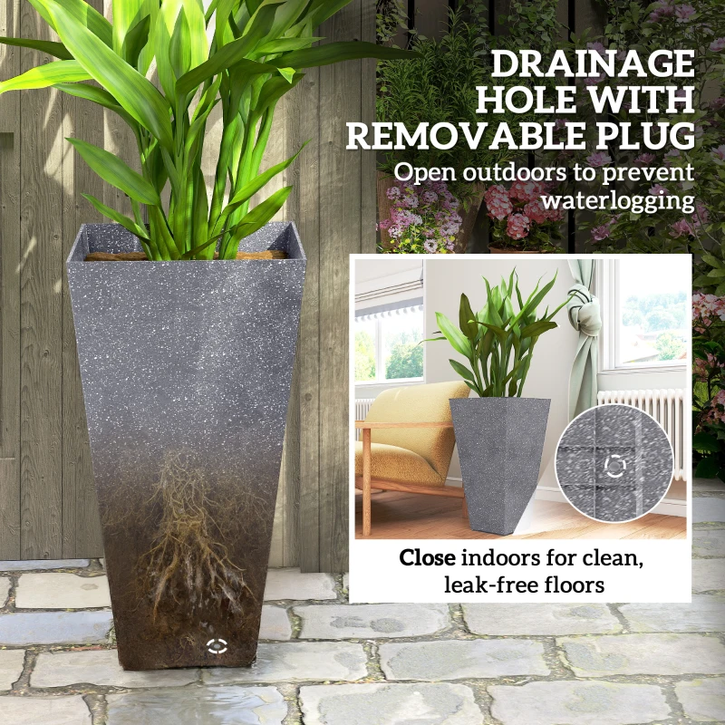 Outsunny 28" Tall Planters, Set of 3 Plastic Flower Pots with Marble Finish and Drainage Holes, Stackable Taper Planters, Gray