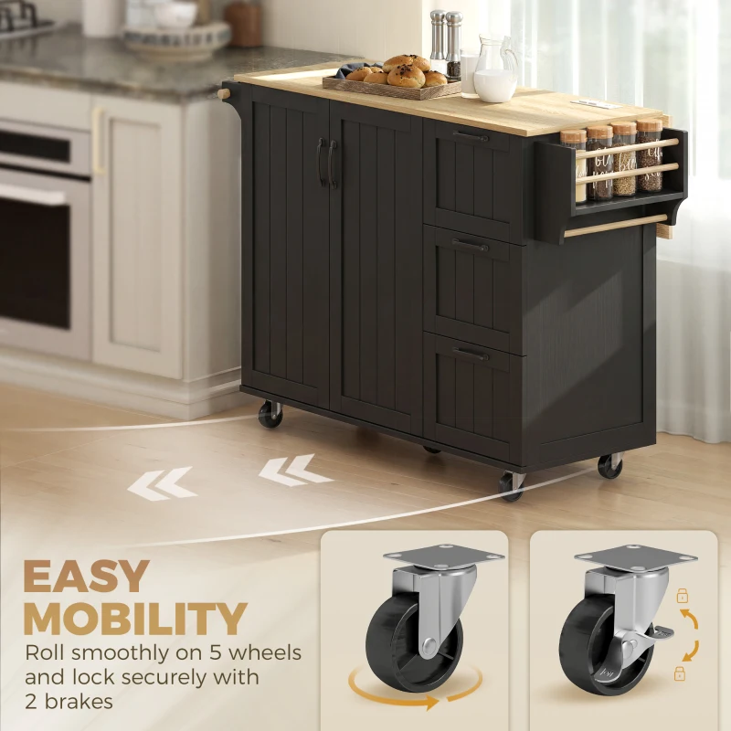 HOMCOM Kitchen Island with Drop Leaf, Rolling Kitchen Cart with Power Outlet, Cabinet, 3 Drawers, Spice Rack, Towel Bar, Black