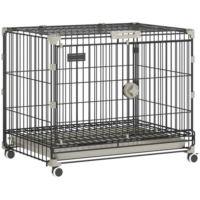 PawHut Foldable Dog Crate, 24 Inch Metal Dog Cage with Removable Tray, Lockable Wheels, 2 Doors for Small Medium Breeds, Black
