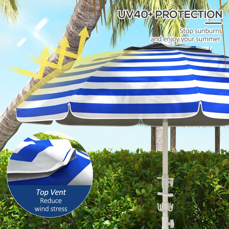 Outsunny 5.7' Beach Umbrella for Travel with Tilt, Adjustable Height, 2 Cup Holders, Hook, Vent, Ruffles, Blue and White