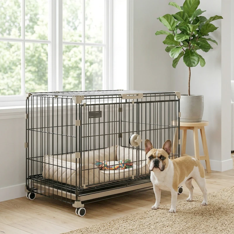 PawHut Foldable Dog Crate, 24 Inch Metal Dog Cage with Removable Tray, Lockable Wheels, 2 Doors for Small Medium Breeds, Black