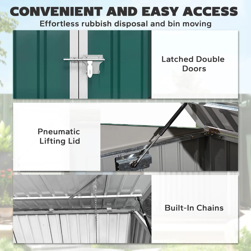 Outsunny Outdoor Steel Wheelie Trash Can, Storage Shed With Double Door & Lid Rubbish Cover for 2 Trash Cans