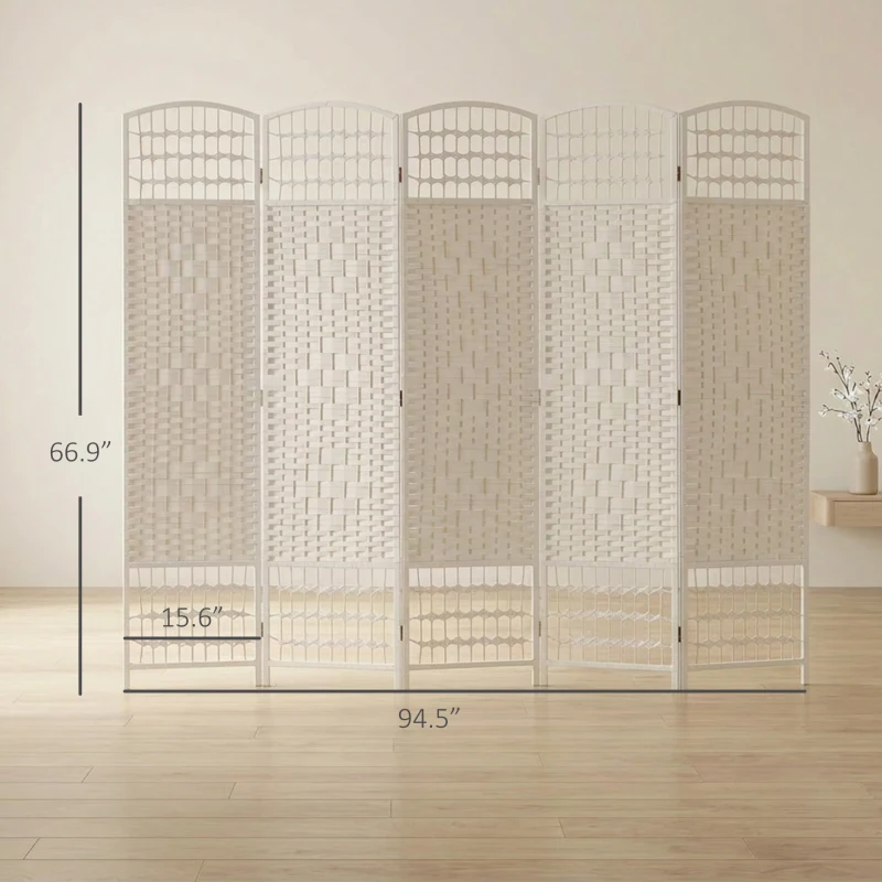 HOMCOM 6 Panel Folding Room Divider Portable Privacy Screen Wave Fiber Room Partition for Home Office White