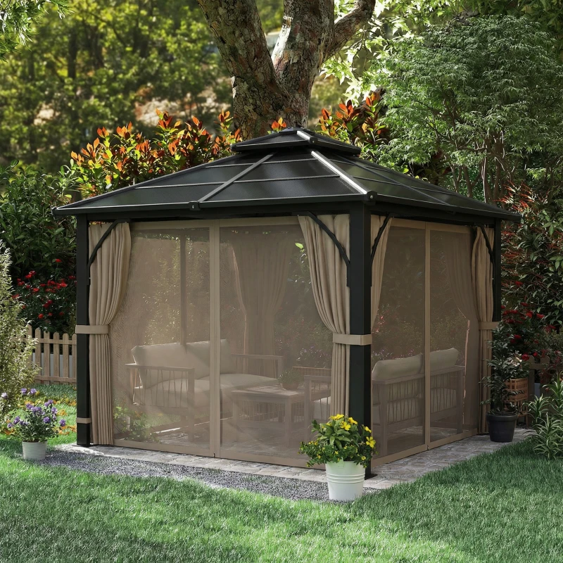 Outsunny 10' x 10' Hardtop Gazebo with 7mm Polycarbonate Double-Tier Roof, Outdoor Gazebo with Netting and Curtains, Khaki