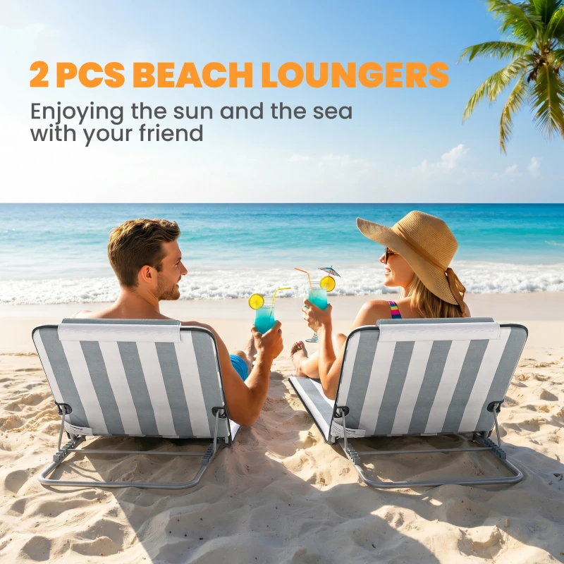 Outsunny 2 Pieces Beach Lounge Chair, Outdoor Folding Chaise Lounge Set w/ Pillow for Sunbath, Snap, Light Grey and White