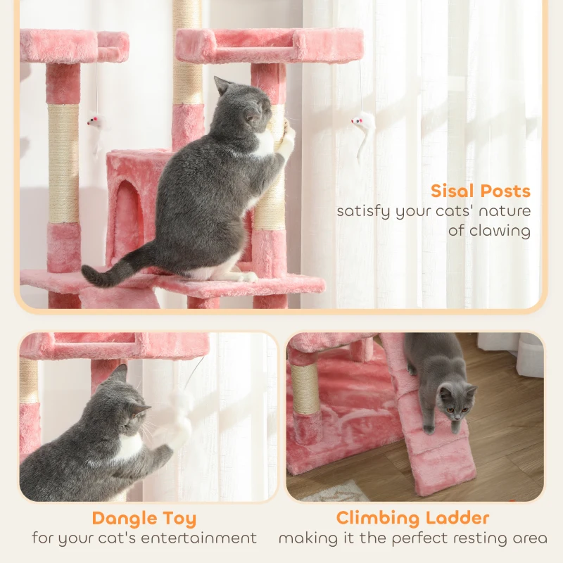 PawHut 68-inch Multi-Level Cat Scratching Tree Kitty Activity Center Post Tower Condo Pet Furniture w/ Toy Pink
