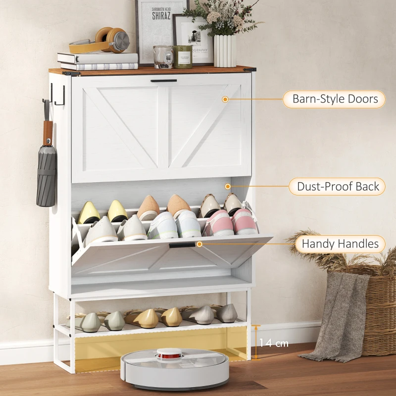 HOMCOM Narrow Shoe Storage Cabinet with 2 Flip Drawers, Slim Shoe Cabinet for 15-20 Pairs, White Wood Grain