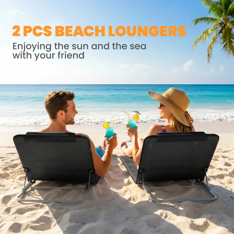 Outsunny 2 Pieces Beach Lounge Chair, Outdoor Folding Chaise Lounge Set w/ Pillow for Sunbath, Snap, Black