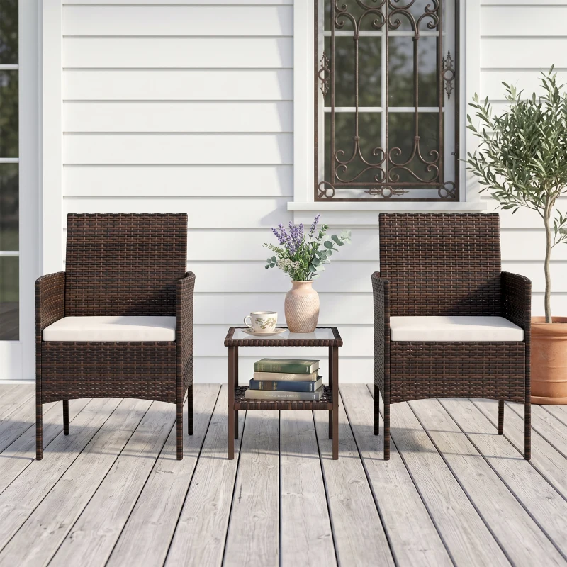 Outsunny Wicker Bistro Set, 3 Piece Patio Furniture Set with 2-Tier Glass Top Table, Cushions for Balcony, Porch, Beige