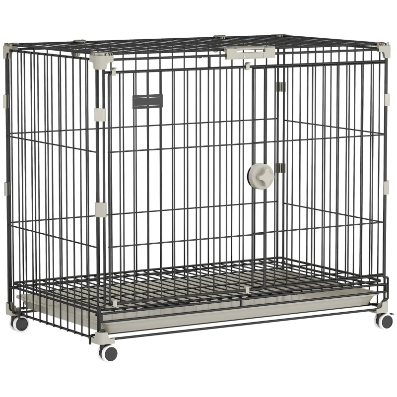 PawHut Foldable Dog Crate, 30 Inch Metal Dog Cage with Removable Tray, Lockable Wheels, 2 Doors for Small Medium Breeds, Black