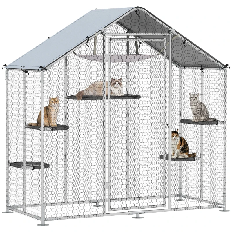 PawHut Large Catio Outdoor Cat Enclosure with Waterproof Cover, Walk-in Cat Patio w/ 5 Adjustable Platforms & Hammock 79" W