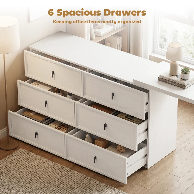 HOMCOM L Shaped Computer Desk Home Office Desk with 6 Drawers White Wood Grain