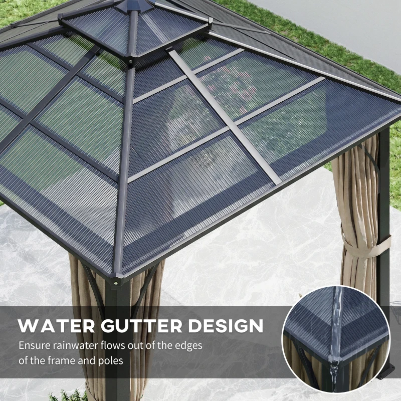 Outsunny 10' x 10' Hardtop Gazebo with 7mm Polycarbonate Double-Tier Roof, Outdoor Gazebo with Netting and Curtains, Khaki