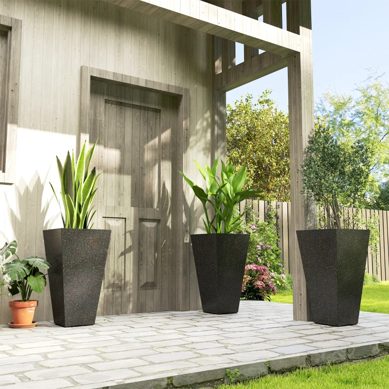 Outsunny 28" Tall Planters, Set of 3 Plastic Flower Pots with Marble Finish and Drainage Holes, Stackable Taper Planters, Brown