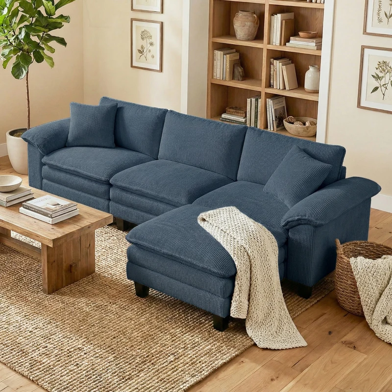 HOMCOM Sectional Sofa, L Shaped Couch with Deep Seat, Movable Ottoman and Pillow-top Armrests, Blue