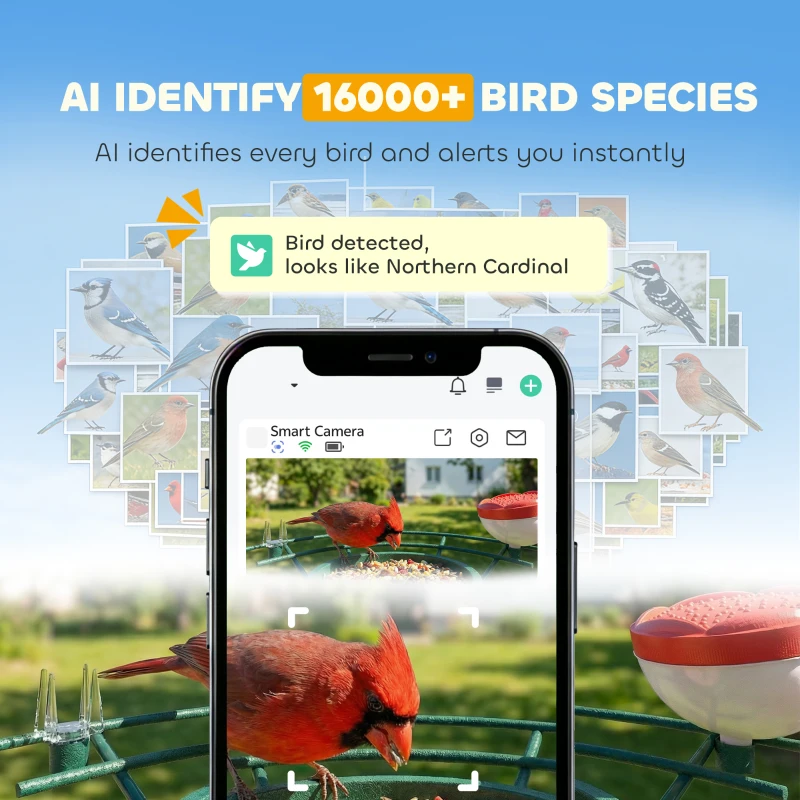 PawHut Smart Bird Feeder Camera Solar Powered with AI Identify 16000+ Birds, Auto Video Capture, Motion Detection