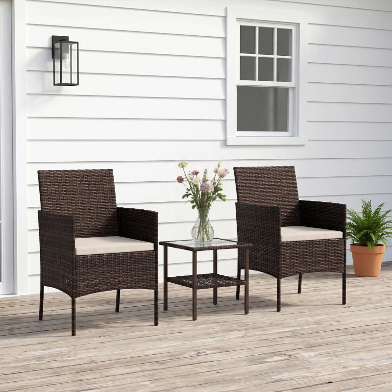 Outsunny Wicker Bistro Set, 3 Piece Patio Furniture Set with 2-Tier Glass Top Table, Cushions for Balcony, Porch, Beige