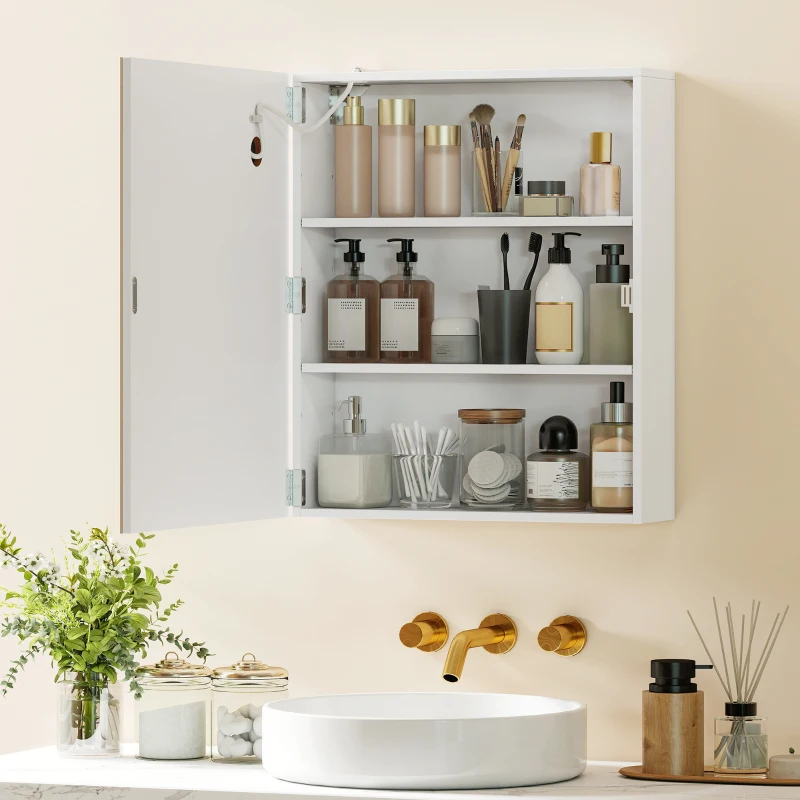 HOMCOM Bathroom Medicine Cabinet with Lights, Wall Mounted Mirror Cabinet with Demister Pad, Adjustable Shelves, White