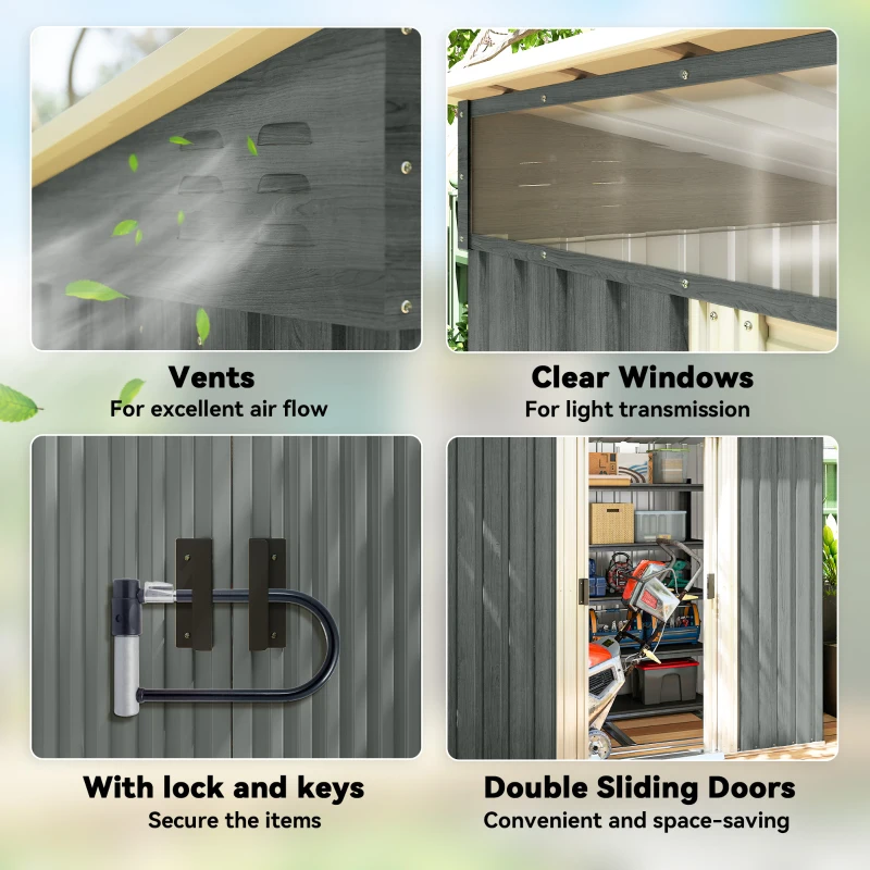 Outsunny 6.5x4FT Galvanised Metal Shed with Foundation Kit, Lockable Garden Tool Storage House with Sliding Doors, Vents, Grey
