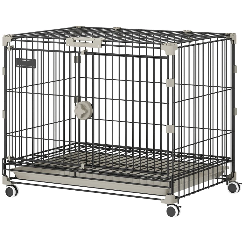 PawHut Foldable Dog Crate, 24 Inch Metal Dog Cage with Removable Tray, Lockable Wheels, 2 Doors for Small Medium Breeds, Black