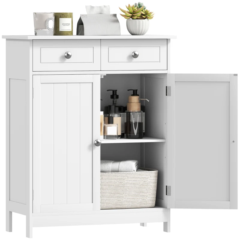 kleankin Freestanding Bathroom Floor Cabinet, Organizer Floor Tower with 2 Door, 2 Drawers, Adjustable Shelf, White