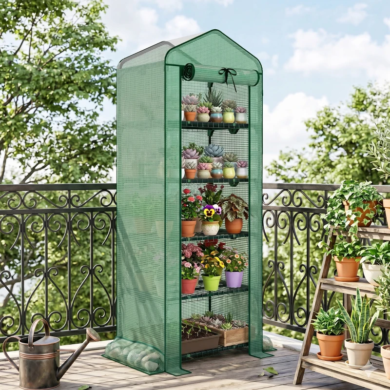 Outsunny Mini Greenhouse with Screen Roof, 5 Tier Portable Small Greenhouse with High Strength PE Cover, Green