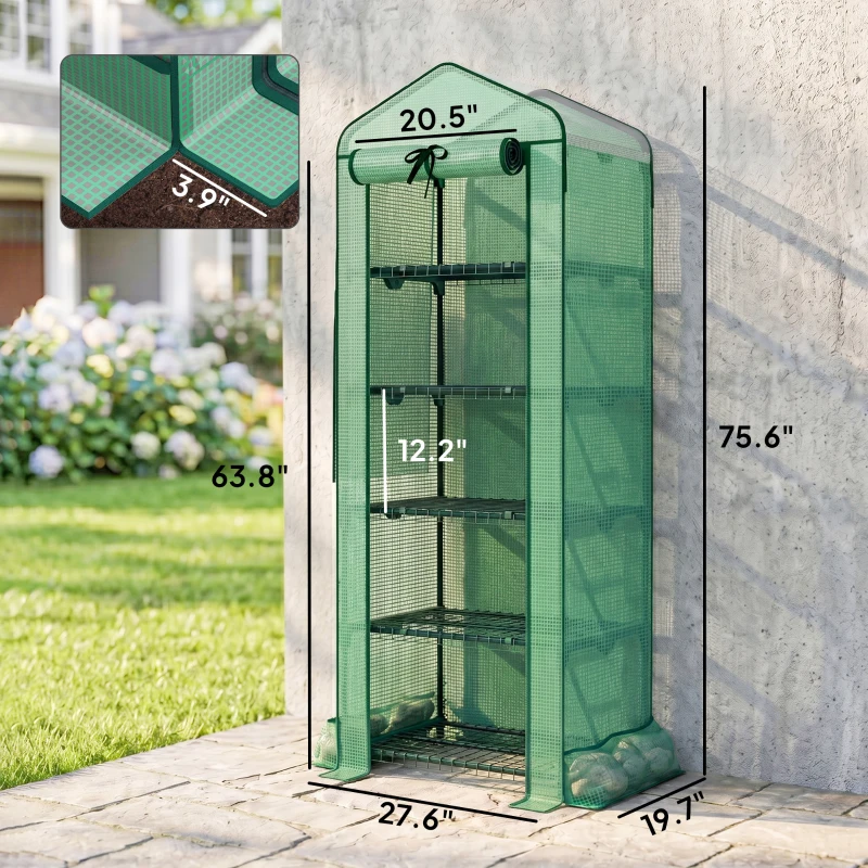 Outsunny Mini Greenhouse with Screen Roof, 5 Tier Portable Small Greenhouse with High Strength PE Cover, Green