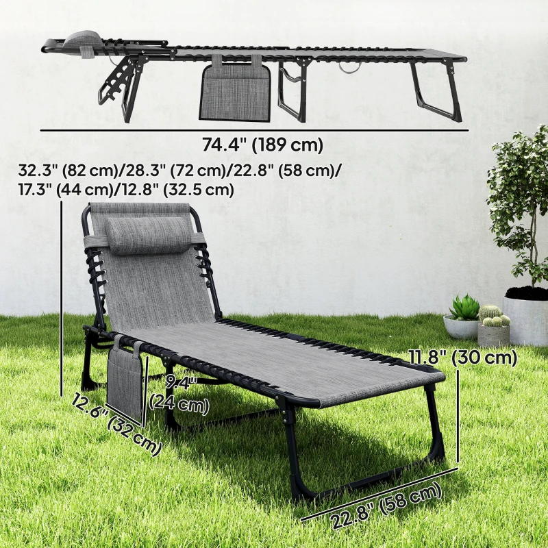 Outsunny Outdoor Folding Chaise Lounge, Reclining Lounge Chair with Adjustable Backrest and Removable Pillow, Mixed Grey
