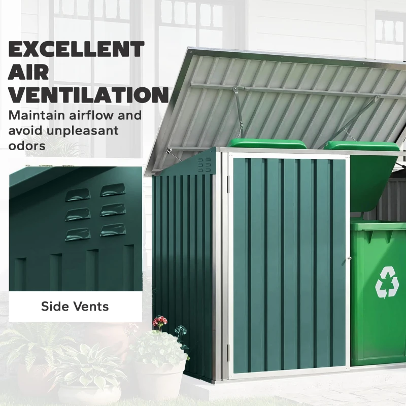 Outsunny Outdoor Steel Wheelie Trash Can, Storage Shed With Double Door & Lid Rubbish Cover for 2 Trash Cans