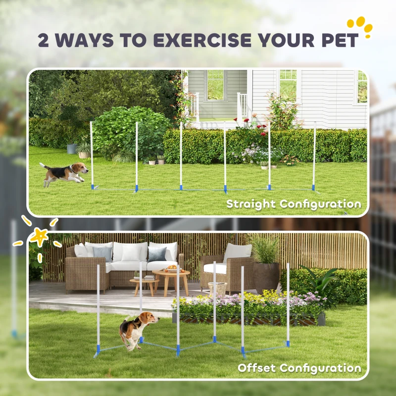PawHut Adjustable Dog Agility Training Obstacle Set with Weaves Poles and Storage Bag for Pet Dogs Outdoor Games Exercise Blue and White