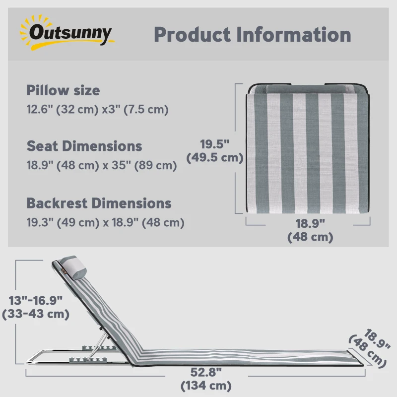 Outsunny 2 Pieces Beach Lounge Chair, Outdoor Folding Chaise Lounge Set w/ Pillow for Sunbath, Snap, Light Grey and White