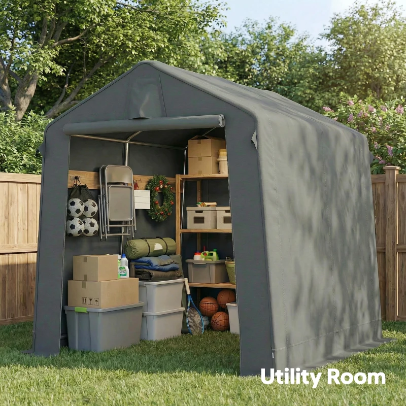 Outsunny 7.5' x 6.2' Portable Shed, Waterproof Bike Tent with Roll-up Zipper Door, Vent and Galvanised Metal Frame, Dark Grey
