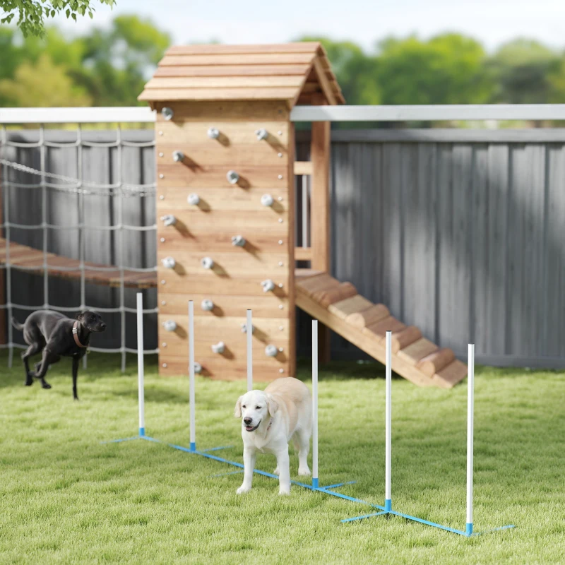 PawHut Adjustable Dog Agility Training Obstacle Set with Weaves Poles and Storage Bag for Pet Dogs Outdoor Games Exercise Blue and White