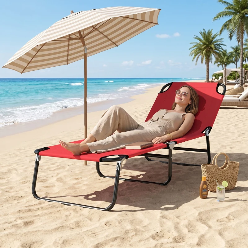 Outsunny Outdoor Folding Lounge Chair, Steel Tanning Chair with Reclining Back, Breathable Mesh for Beach, Yard, Patio, Red