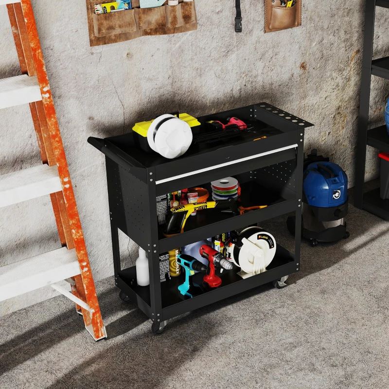 HOMCOM Tool Cart on Wheels, Utility Cart with Wheels, Ball Bearing Drawer, Storage Trays for Garage, Warehouse, Black