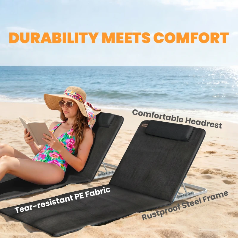 Outsunny 2 Pieces Beach Lounge Chair, Outdoor Folding Chaise Lounge Set w/ Pillow for Sunbath, Snap, Black