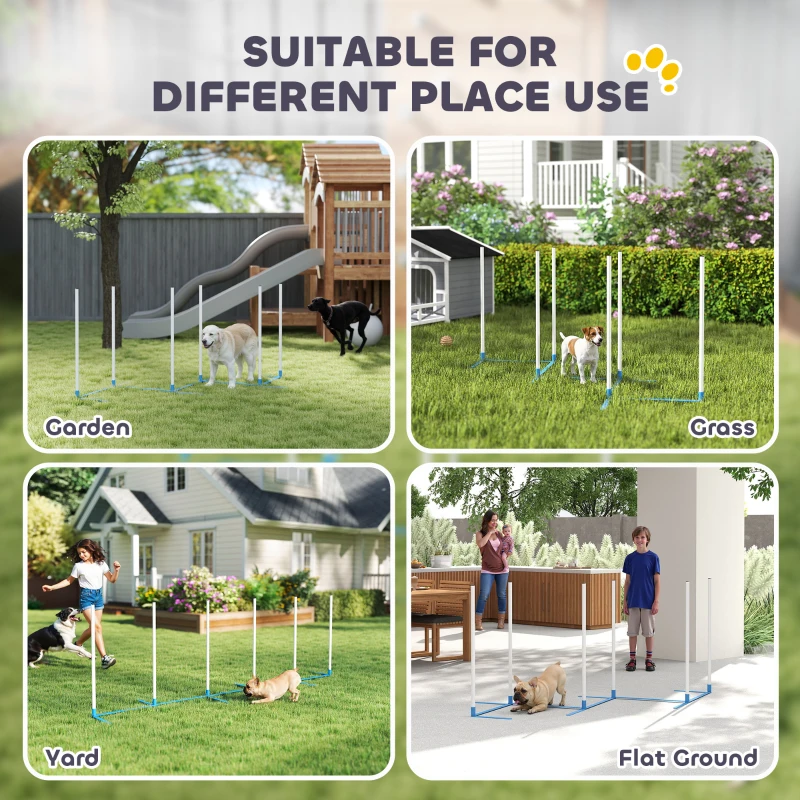 PawHut Adjustable Dog Agility Training Obstacle Set with Weaves Poles and Storage Bag for Pet Dogs Outdoor Games Exercise Blue and White