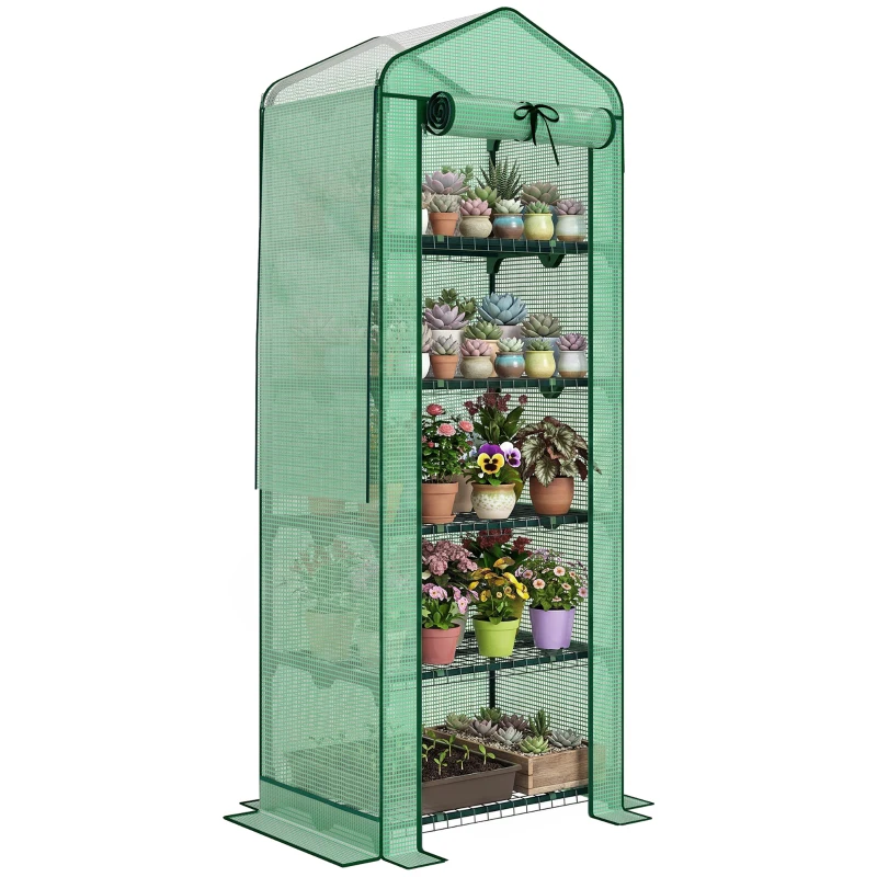 Outsunny Mini Greenhouse with Screen Roof, 5 Tier Portable Small Greenhouse with High Strength PE Cover, Green
