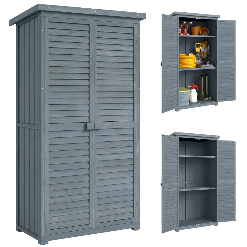 Outsunny Outdoor Garden Shed, Wooden Tool Storage Shed, 3-Tier Shelves, Asphalt Roof, Shutter Doors, 34.3" x 18.3" x 63", Grey