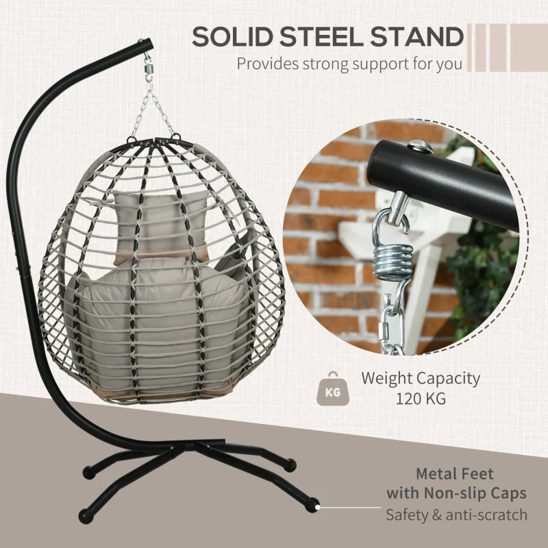 Outsunny Outdoor Hanging Egg Chair with Thick Padded Cushion, Patio Swing Chair, Grey