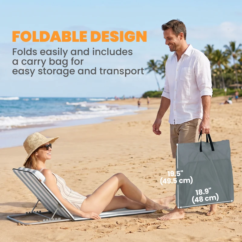Outsunny 2 Pieces Beach Lounge Chair, Outdoor Folding Chaise Lounge Set w/ Pillow for Sunbath, Snap, Light Grey and White