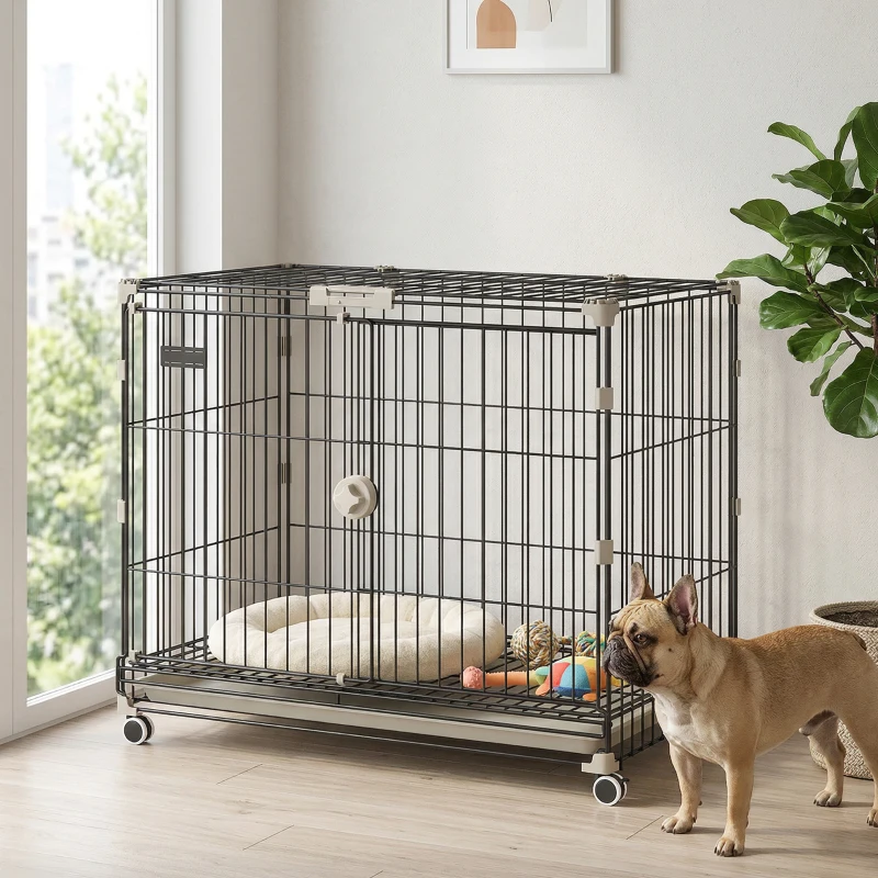PawHut Foldable Dog Crate, 30 Inch Metal Dog Cage with Removable Tray, Lockable Wheels, 2 Doors for Small Medium Breeds, Black