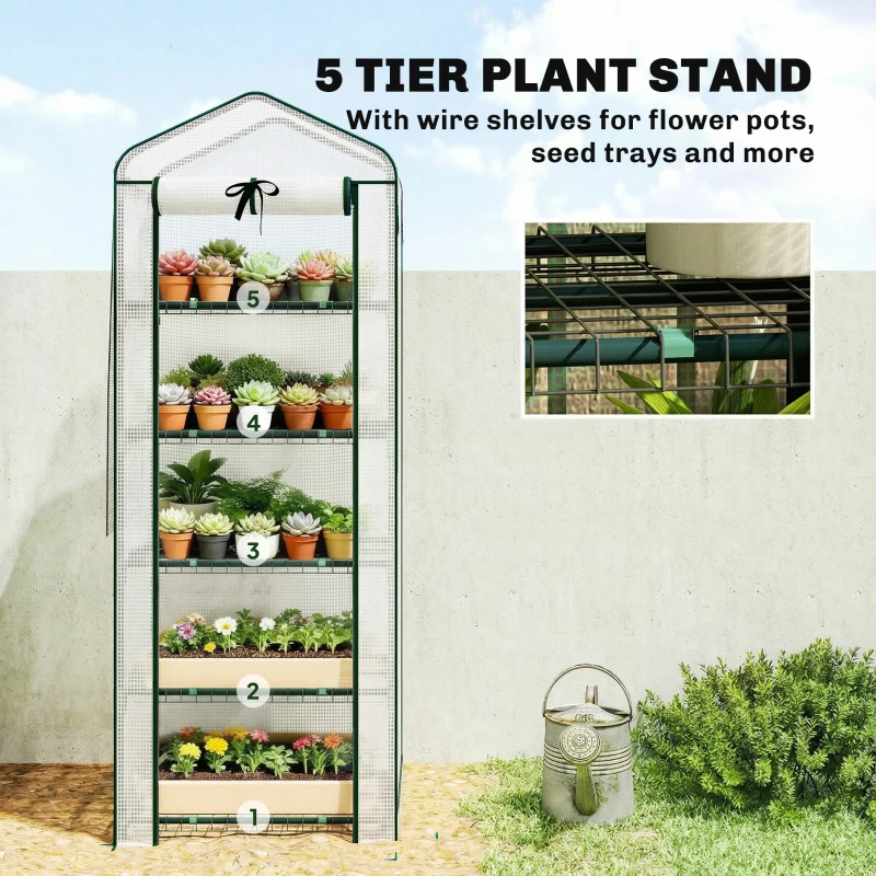 Outsunny Mini Greenhouse with Screen Roof, 5 Tier Portable Small Greenhouse with High Strength PE Cover, White