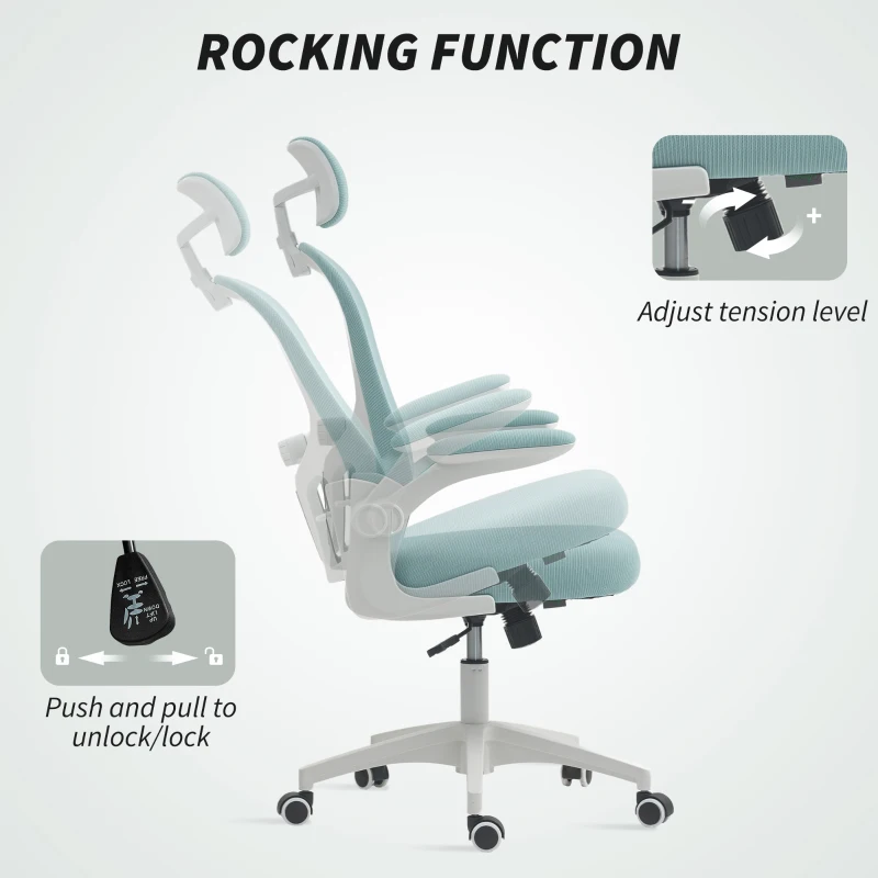 Vinsetto Office Chair, Mesh Computer Desk Chair with Adjustable Headrest, 4D Lumbar Support, Flip-up Arm, Light Green