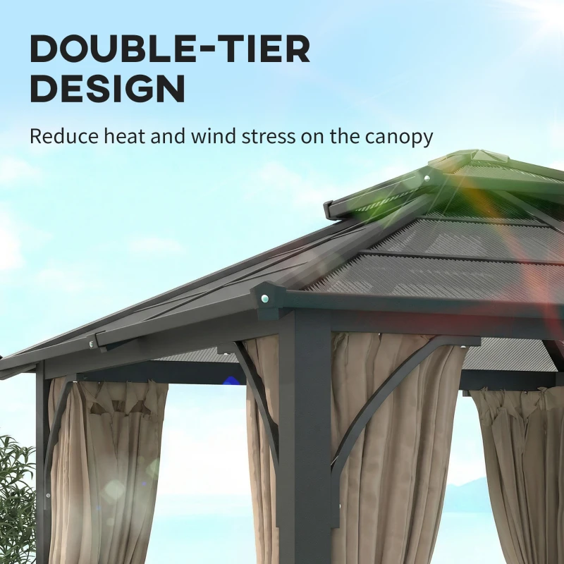 Outsunny 10' x 10' Hardtop Gazebo with 7mm Polycarbonate Double-Tier Roof, Outdoor Gazebo with Netting and Curtains, Khaki