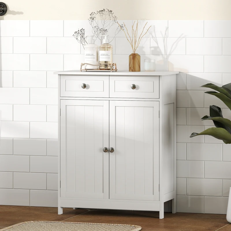 kleankin Freestanding Bathroom Floor Cabinet, Organizer Floor Tower with 2 Door, 2 Drawers, Adjustable Shelf, White