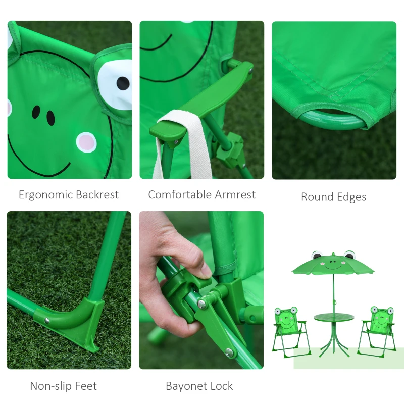 Outsunny Kids Table and Chair Set, Outdoor Folding Garden Furniture, Picnic Table for Patio Backyard, with Removable & Height Adjustable Sun Umbrella, Green Frog