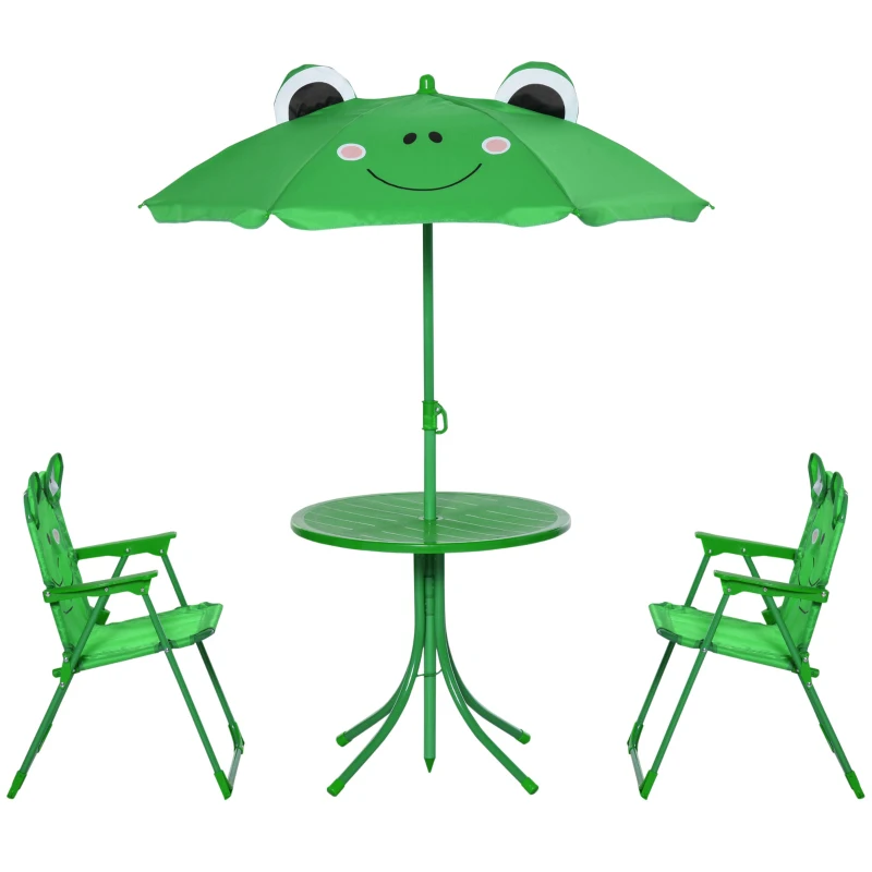 Outsunny Kids Table and Chair Set, Outdoor Folding Garden Furniture, Picnic Table for Patio Backyard, with Removable & Height Adjustable Sun Umbrella, Green Frog